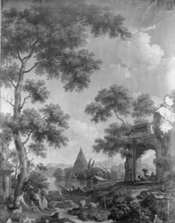 Wall hanging with an Arcadian landscape, belonging to the hall at Herengracht 40