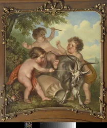 Three Children Playing with a Goat