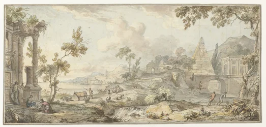 Design for a Room Painting with Southern Coastal Landscape and Pyramid