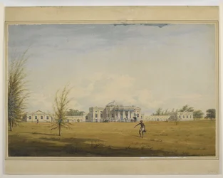 A European house in Madras, a palanquin and carriage at the door, a watercarrier in the foreground
