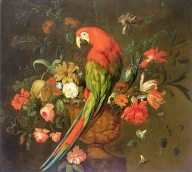 Scarlet Macaw Perched on a Sculpted Urn with Flowers