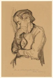 Half-length figure of a woman covering her mouth with her right hand