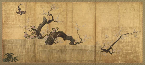 Blossoming Plum and Camellia in a Garden Landscape