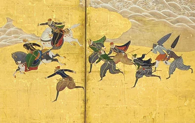 (Detail) The Southern Barbarians Come to Trade, Pair of Six-Panel Screens, Early 17th Century