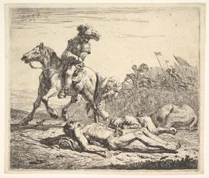 Battlefield with Horseman Looking Over His Left Shoulder Toward Stripped Corpse