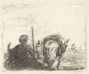 Pack-horse, seated man with staff in right hand, and dog, all viewed from the rear