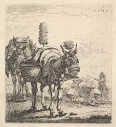Two Mules Bearing Panniers and Outfitted with Blinders, Plumes, and Tassels