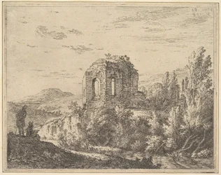 View of ruins showing the corner of a building with two arched windows, in a landscape, 1658