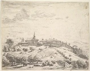 Walled village on a hill, with church at left and buildings constructed on the downslope