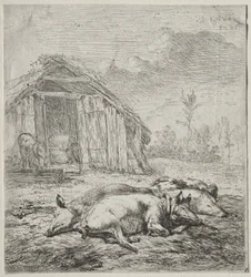 Three Swine Lying in Front of a Sty