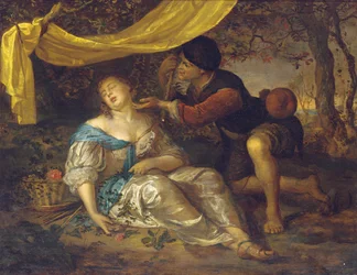 A Shepherd Kneeling Over a Lady Sleeping Under a Canopy in a Wooded Landscape