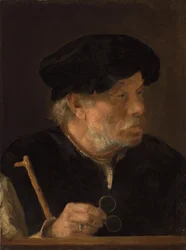 A Man, Bust-Length, Holding a Cane and His Spectacles, by a Wooden Ledge