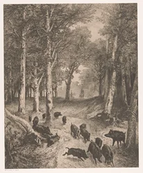 Group of Boars Fleeing from Two Hunters on Horseback