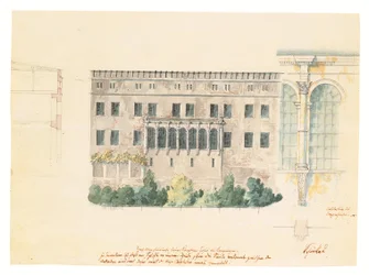 A design for a new stairwell for the North façade of the Schloss at Stettin, with a subsidiary study of the loggia, a cross-section of the façade, and an engaged pilaster, c.1840
