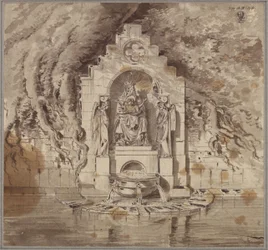 Architectural design for a spring with a statue of the Madonna and two angel statues