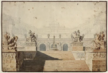 Armida. Opera by Christoph Willibald Gluck. Design for the 1st set. Palace with staircase complex