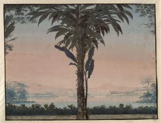 Athalia. Opera by Johann Nepomuk von Poissl. Design for the 4th decoration. Garden of the high priest with a large palm tree before a body of water