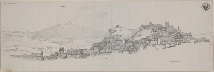 “View of Mount Etna from the height of Castro Giovanni” / View of Enna with Mount Etna in the background