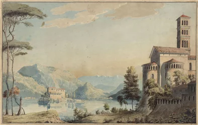 Decoration for General Use. Landscape with Lake and Church