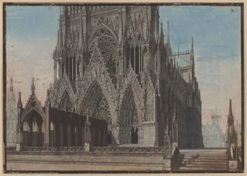 The Maid of Orleans. Tragedy by Friedrich Schiller. Design for the 9th decoration. Facade of Reims Cathedral