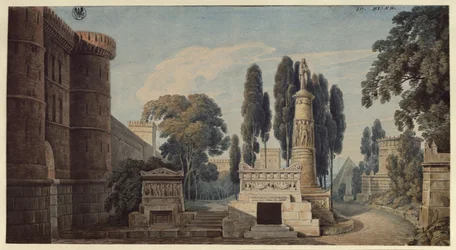 La Vestale. Opera by Gaspare Spontini. Design for the 3rd set. View of an ancient Roman street of tombs