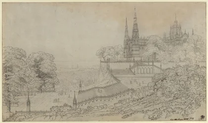 “Design for a theatre decoration, a cathedral on the height above a large city situated by the sea” / Large composition as Milan Cathedral ought to be positioned