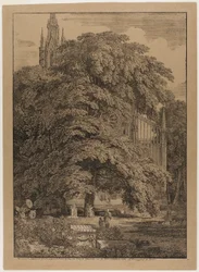 Gothic Church Behind an Oak Grove with Tombs
