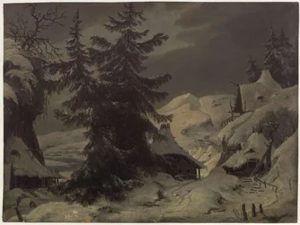 Count Benjowski, or The Conspiracy in Kamchatka. Play by August von Kotzebue. Design for the 2nd decoration. Village with snowy landscape