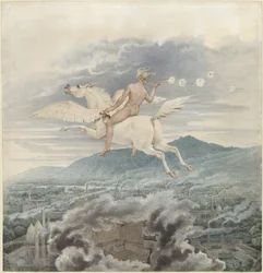 Karl Friedrich Schinkel - Female Figure Blowing Bubbles, as Allegory of Christian Peter Wilhelm Beuth, Riding Pegasus Over an Industrial City - 1837