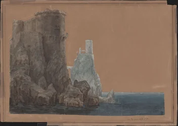 King Yngurd. Tragedy by Adolf Müllner. Design for the 4th set. Tower with the Gate of Death by the sea