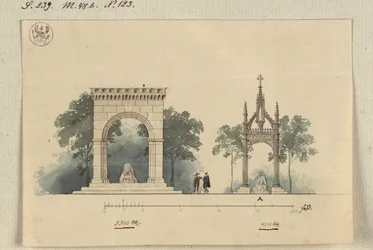 Lützen. Design for a Monument to King Gustav II Adolf of Sweden as an Open Arcaded Hall on Four Sides and as a Tabernacle above the Swedish Stone