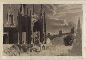 Portal of a Gothic Cathedral with the Equestrian Statue of Saint Michael, a Fountain Opposite and a Palace in the Background