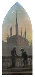 People in Old German Dress in Contemplation of a Medieval Town