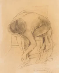 Nude Woman Putting on Shoes