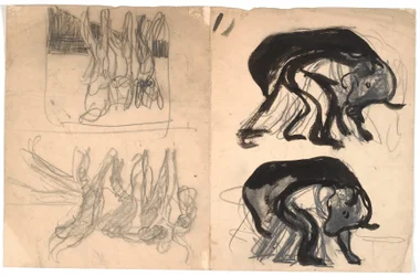 Left: Two Composition Sketches with a Bent Person under a Bear-like Animal. Right: Two Composition Sketches with Several Figures