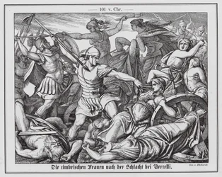 Cimbrian women fighting Roman soldiers at the Battle of Vercellae