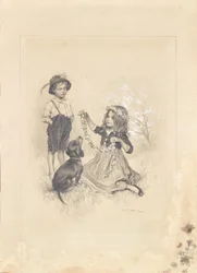 Two Children Playing on a Meadow with Flowers and a Dachshund