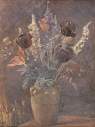 Clay Vase With Tulips and Other Flowers