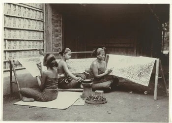 Three Javanese Women Drawing Batik Designs on Cloth