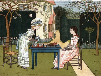 Time of the day: two young girls tasting it in a garden. Illustration from the book of tales and nursery rhymes for children “Under The Window” (1879), edited by Edmund Evans