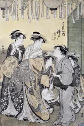 Courtesan Nishikido from Chojiya teahouse surrounded by her ladies (detail)