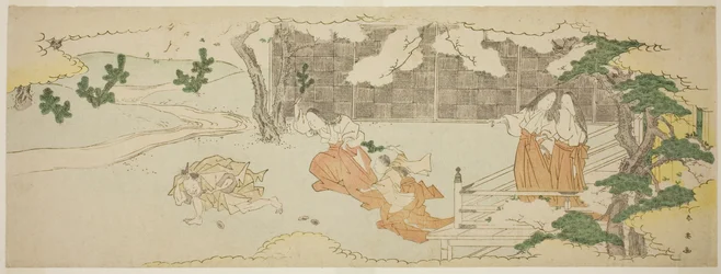 Court Ladies on a Balcony Watching a Woman and a Girl Chasing a Man in the Yard under Blossoming Cherry Trees