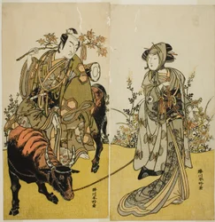 The Actors Iwai Hanshiro IV as Okume and Ichikawa Monnosuke II as Koshiba Yukienojo Disguised as the Eboshi Seller Rokusaburo, in the Play Katakiuchi Adana Kashiku, Performed at the Nakamura Theater in the Seventh Month, 1779