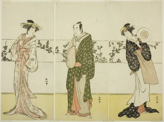 The Actors Osagawa Tsuneyo II, Ichikawa Monnosuke II, and Segawa Kikunojo III, Possibly as Misao Gozen, Matsuya Soshichi, and the Courtesan Kojoro of Hakata, in the Play Beginnings of Eternity: The Ondo