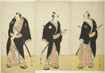 Actors Ichikawa Danjūrō V as Gokuin Sen’emon, Bandō Mitsugorō I as An no Heibei, and Nakamura Sukegorō II as Kaminari Shōkurō in “A Soga Drama on the First Festival Day in the Pleasure District”