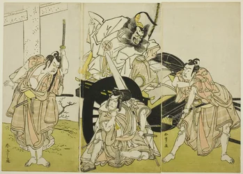 Actors Nakajima Mihoemon II as Fujiwara no Shihei, Ichikawa Ebizō III as Matsuo-maru, Ichikawa Yaozō II as Sakura-maru, and Ichimura Uzaemon IX as Umeo-maru in “Sugawara’s Secrets of Calligraphy”