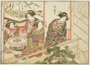 Courtesans of the Kiribishiya, from the book "Mirror of Beautiful Women of the Pleasure Quarters (Seiro bijin awase sugata kagami)," vol. 2