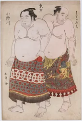Full-length portraits of wrestlers from the Eastern Group, Uzugafuchi on the right and Onogawa on the left