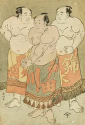 Full length Portraits of the Wrestlers Nishikigi, Todagawa and Iwagaseki presenting themselves in the Ring