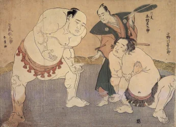 Onagawa Kisaburo and Tanikaze Kajinosuke Performing the Shiriki in the Dohyo, Refereed by Kimura Shonosuke